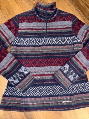 Eddie Bauer Navy & Red Striped Zip-Up Fair Isle Sweater